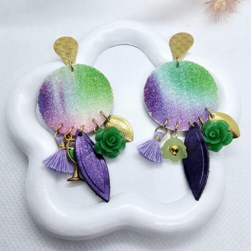 Boucles d'oreilles cuir ronde vert lilas colorbijoux Boucles d'oreilles cuir ronde vert lilas colorbijoux
