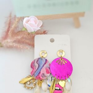 Boucles d'oreilles fuschia beige en cuir colorbijoux