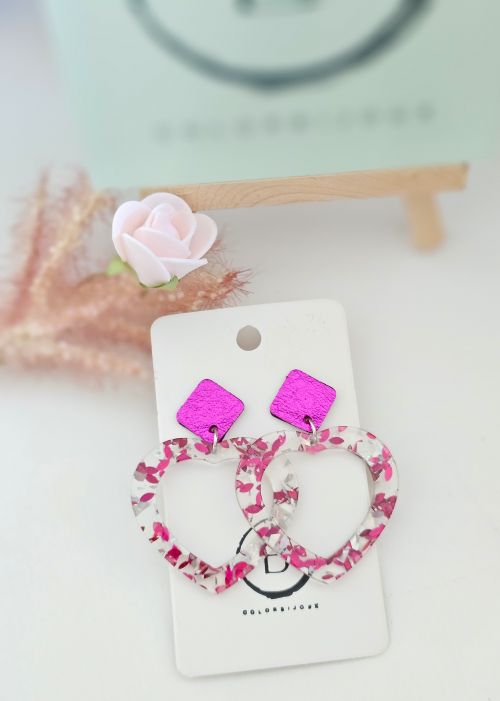 Boucles d'oreilles coeur cuir résine vert fuschia colorbijoux