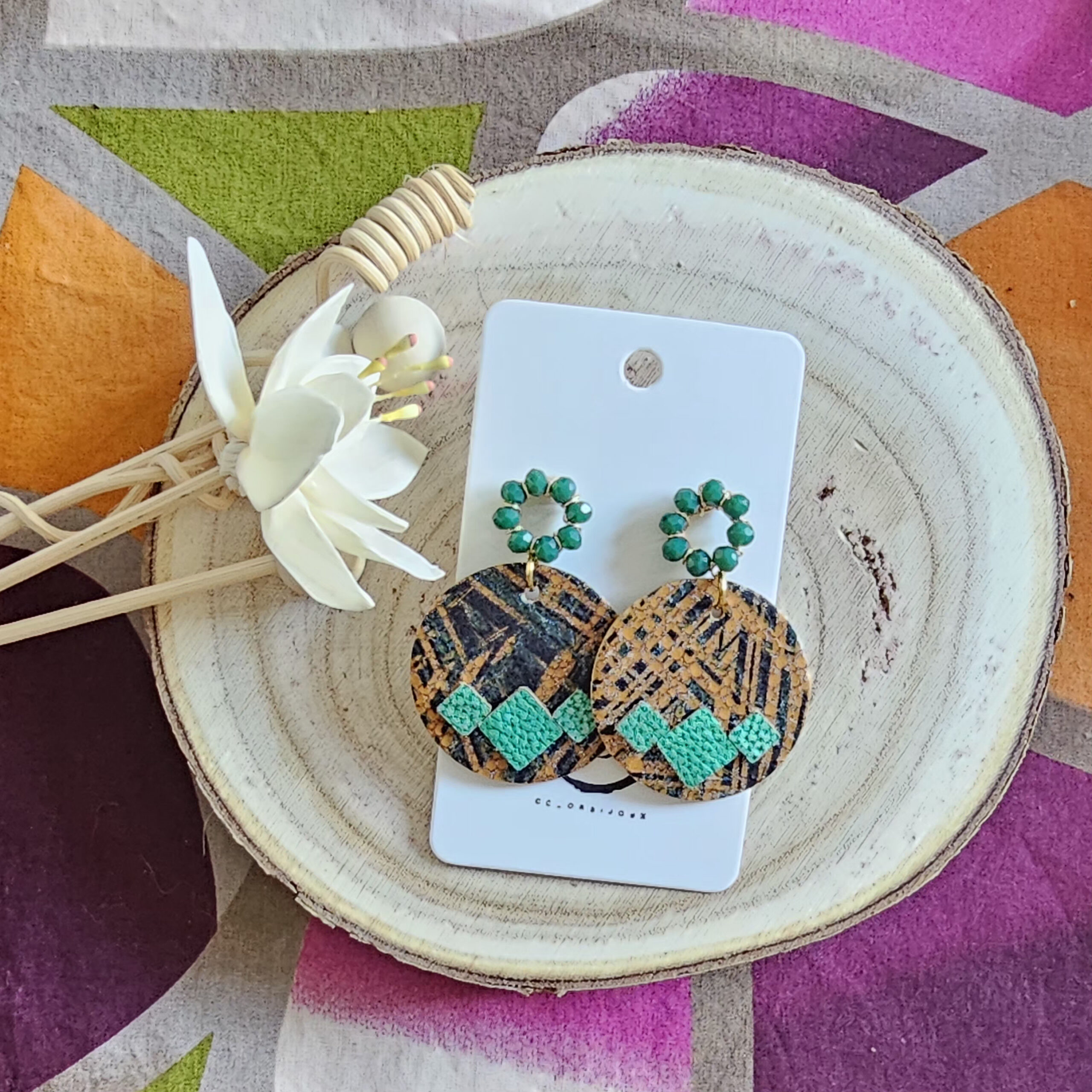 Boucles d'oreilles Céleste en cuir vert (1)