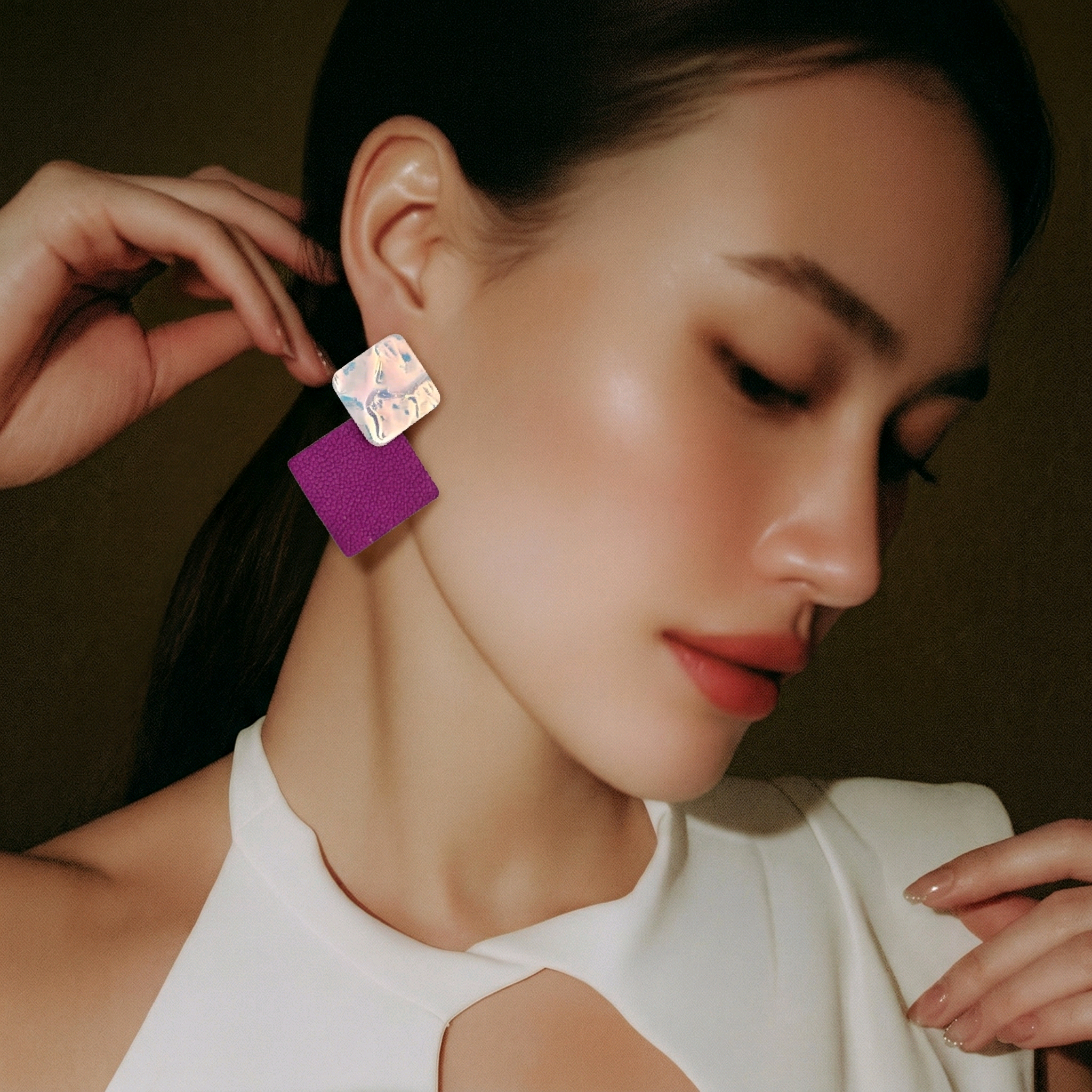 Boucles d'oreilles Chloé en cuir multicolore prune (2)