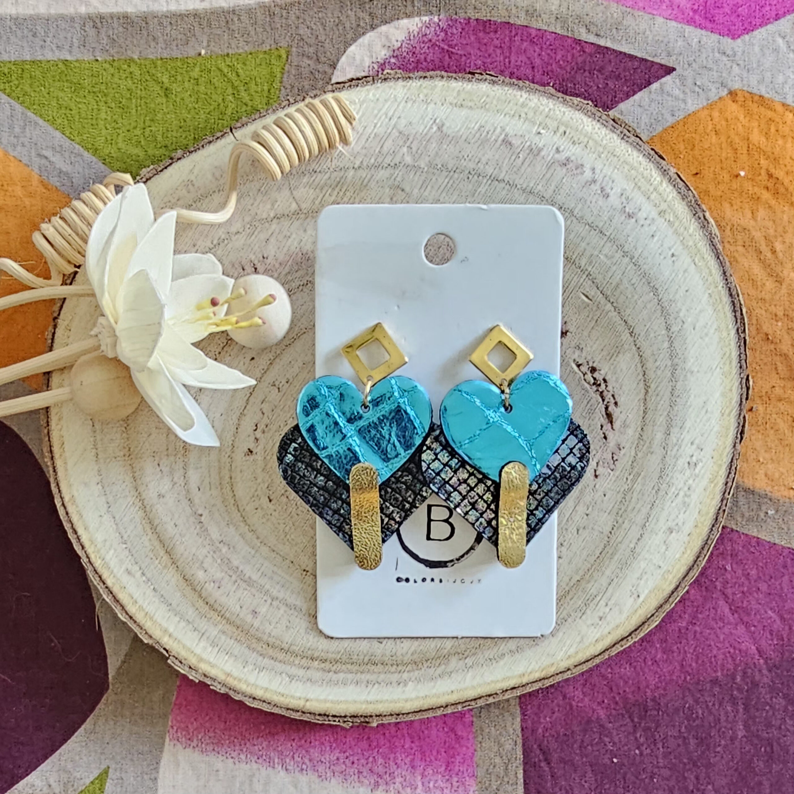 Boucles d'oreilles Diva en cuir turquoise multicolore (1)
