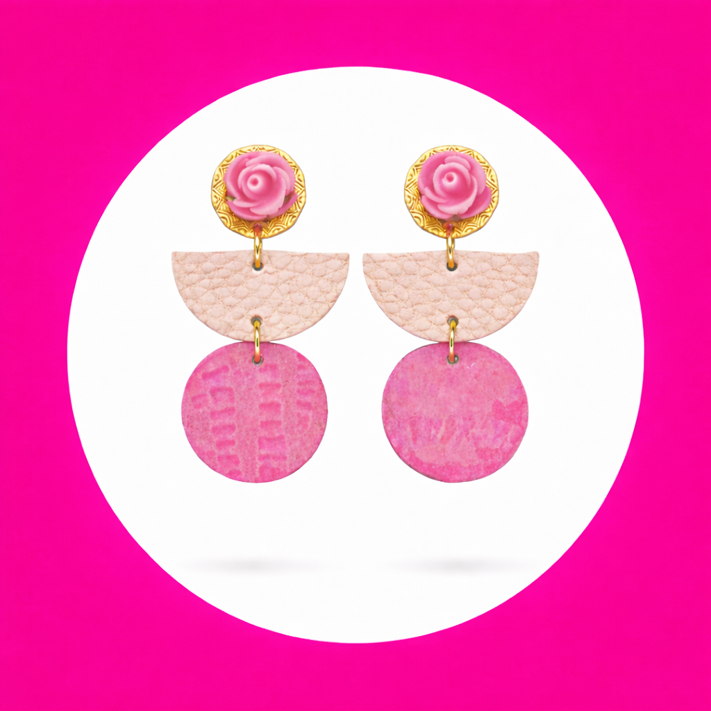Boucles d'oreilles Fleurette en cuir rose (2)