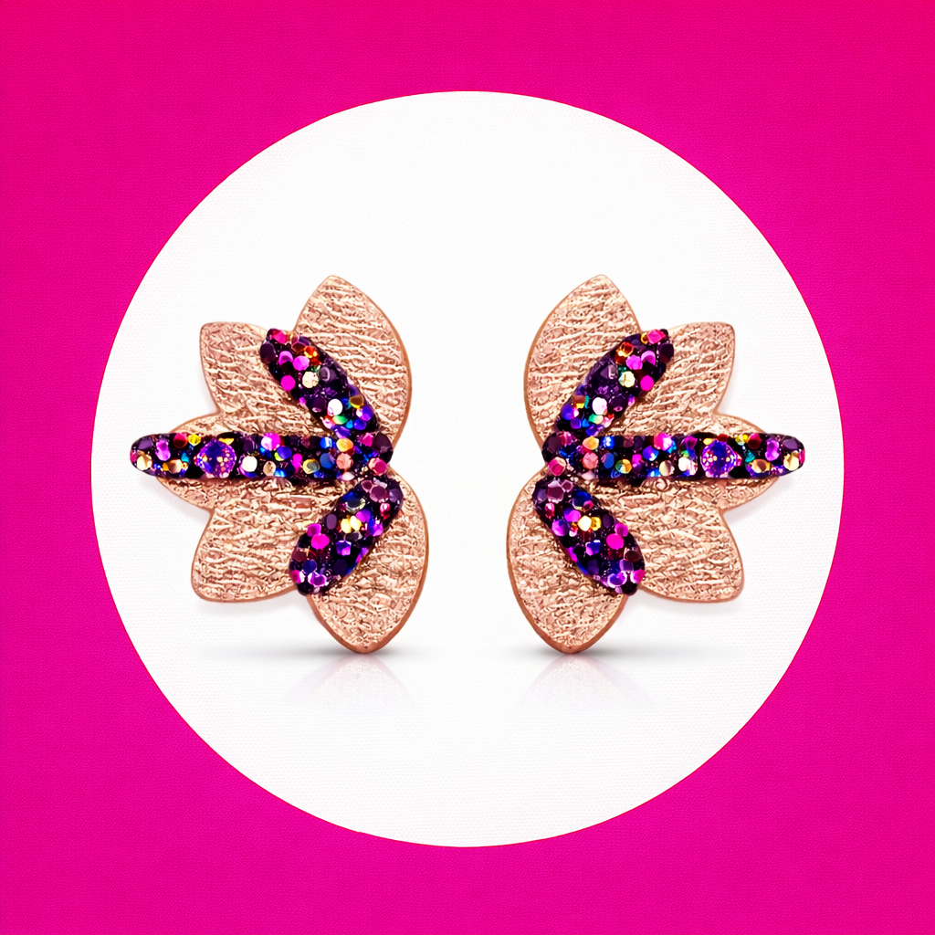 Boucles d'oreilles Flore en cuir rose multicolore (2)