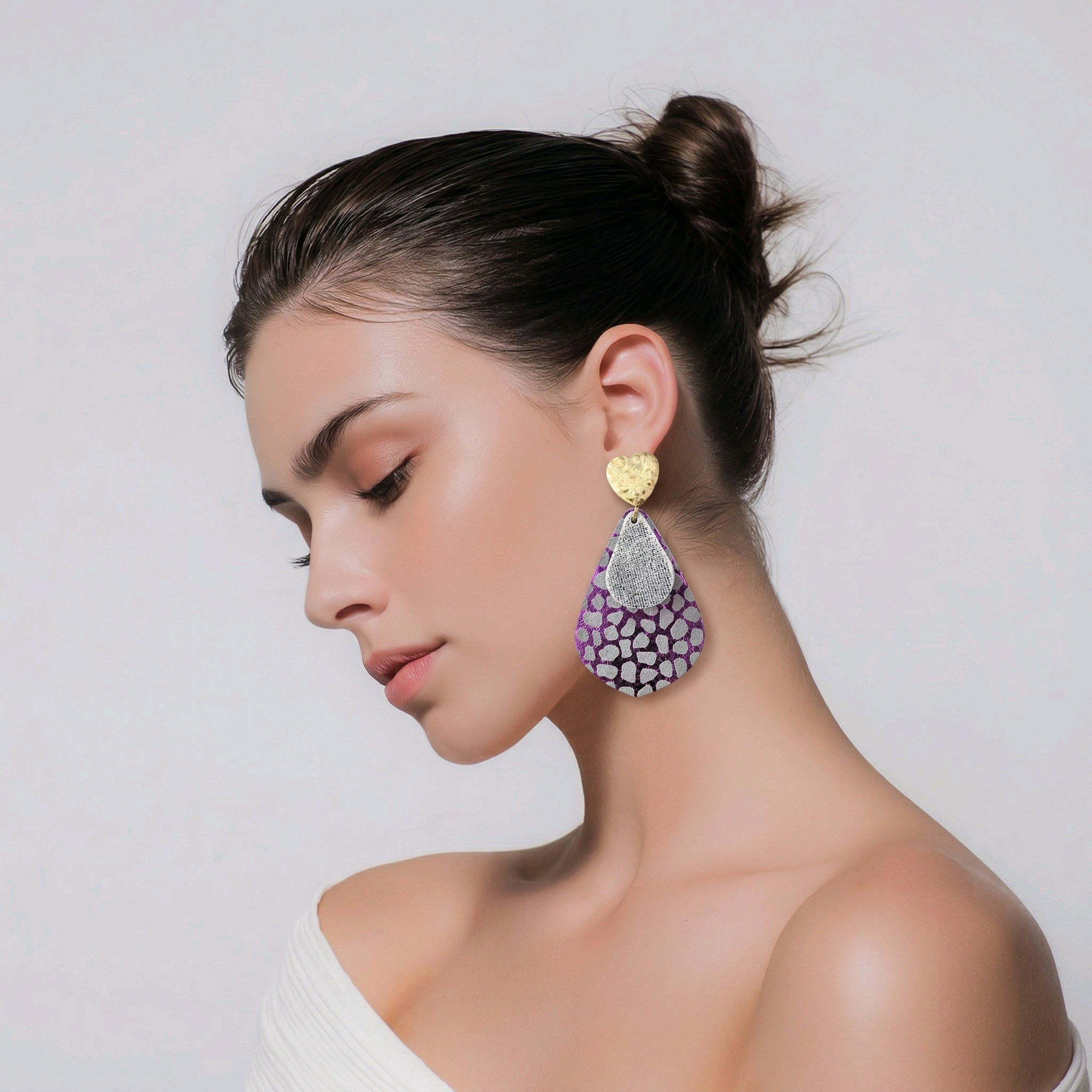 Boucles d'oreilles June cuir argent mauve (1)