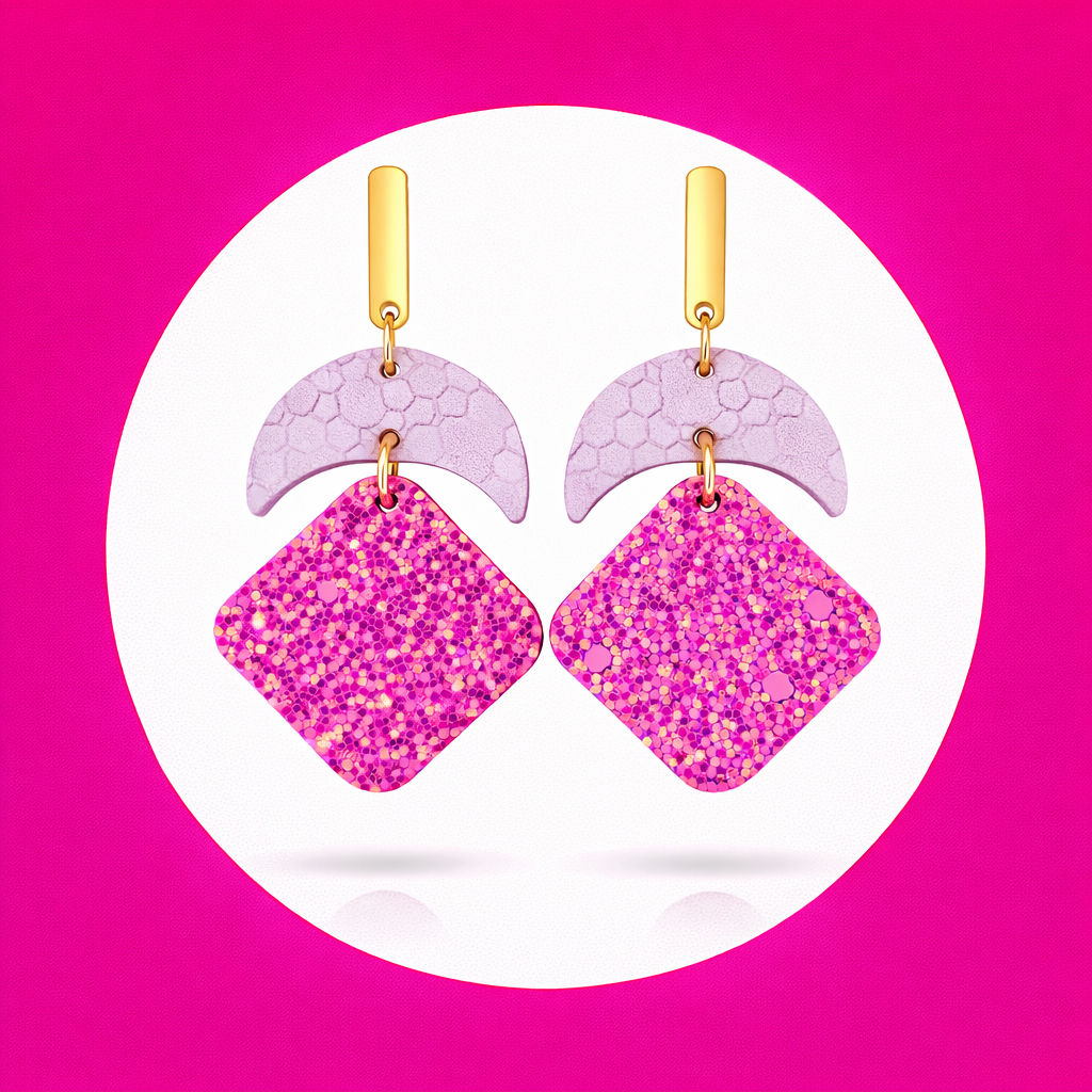 Boucles d'oreilles Luna en cuir lilas rose pailleté (2)