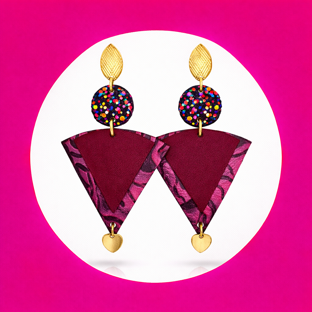 Boucles d'oreilles Maya en cuir bordeaux multicolore (2)