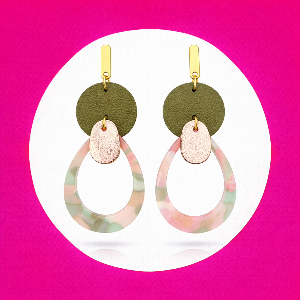 Boucles d'oreilles Stella en cuir rose poudré vert avocat (2)