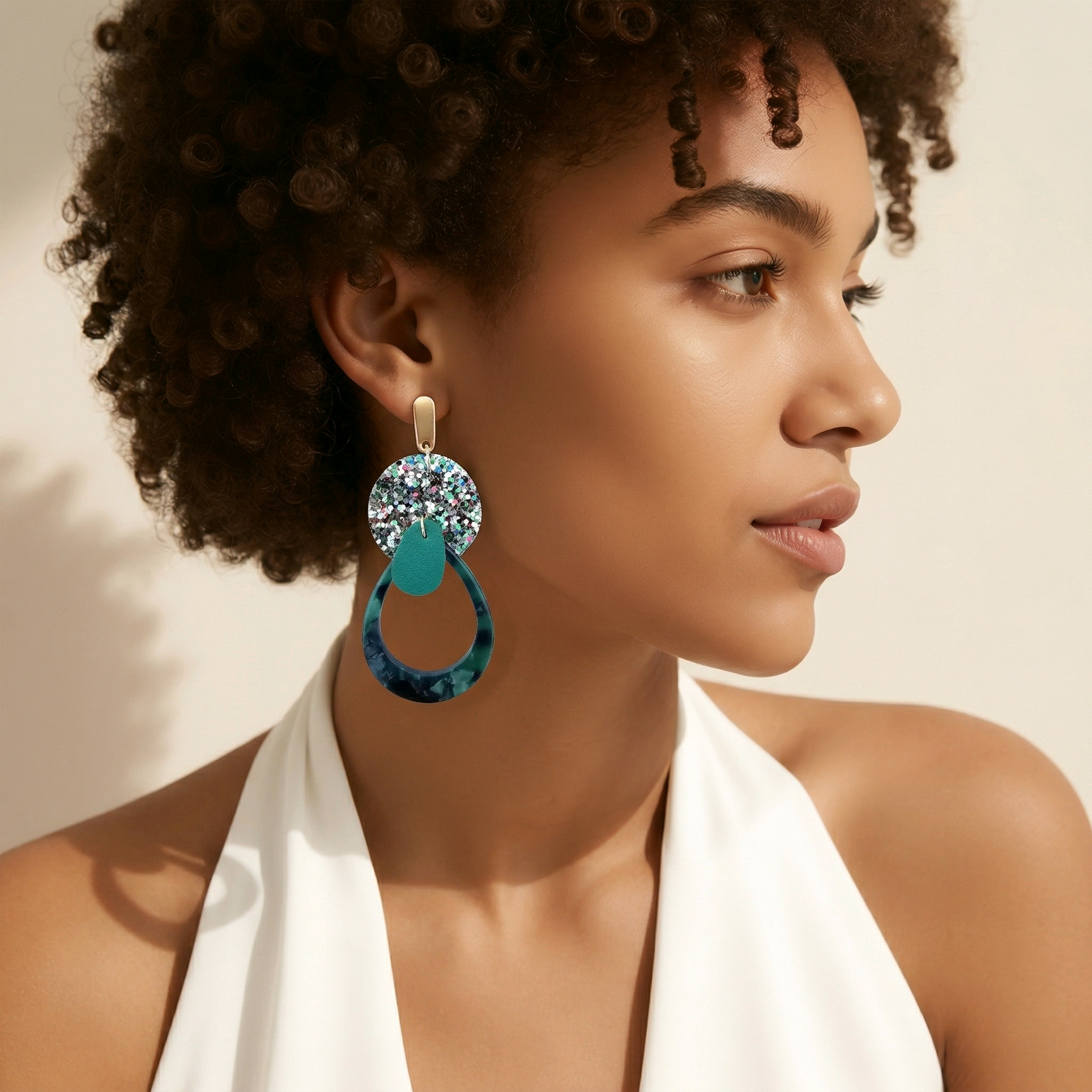 Boucles d'oreilles Stella en cuir vert multicolore (1)