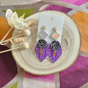 Boucles d'oreilles Sunset en cuir argent noir violet (1)