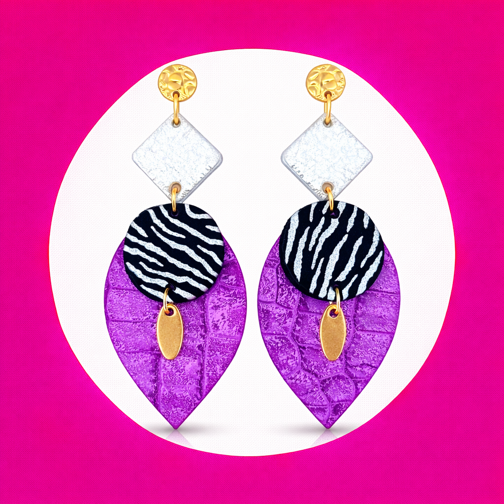Boucles d'oreilles Sunset en cuir argent noir violet (2)