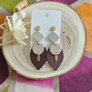 Boucles d'oreilles Sunset en cuir beige rose podré marron (1)