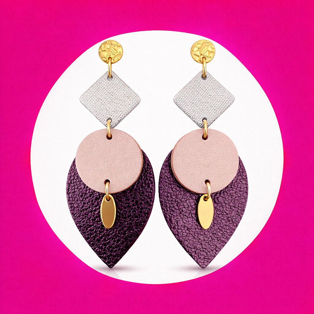 Boucles d'oreilles Sunset en cuir beige rose podré marron (2)