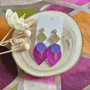 Boucles d'oreilles Sunset en cuir doré fuchsia violet (1)