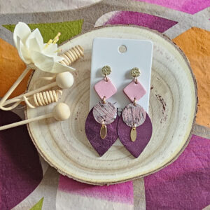 Boucles d'oreilles Sunset en cuir rose prune (1)