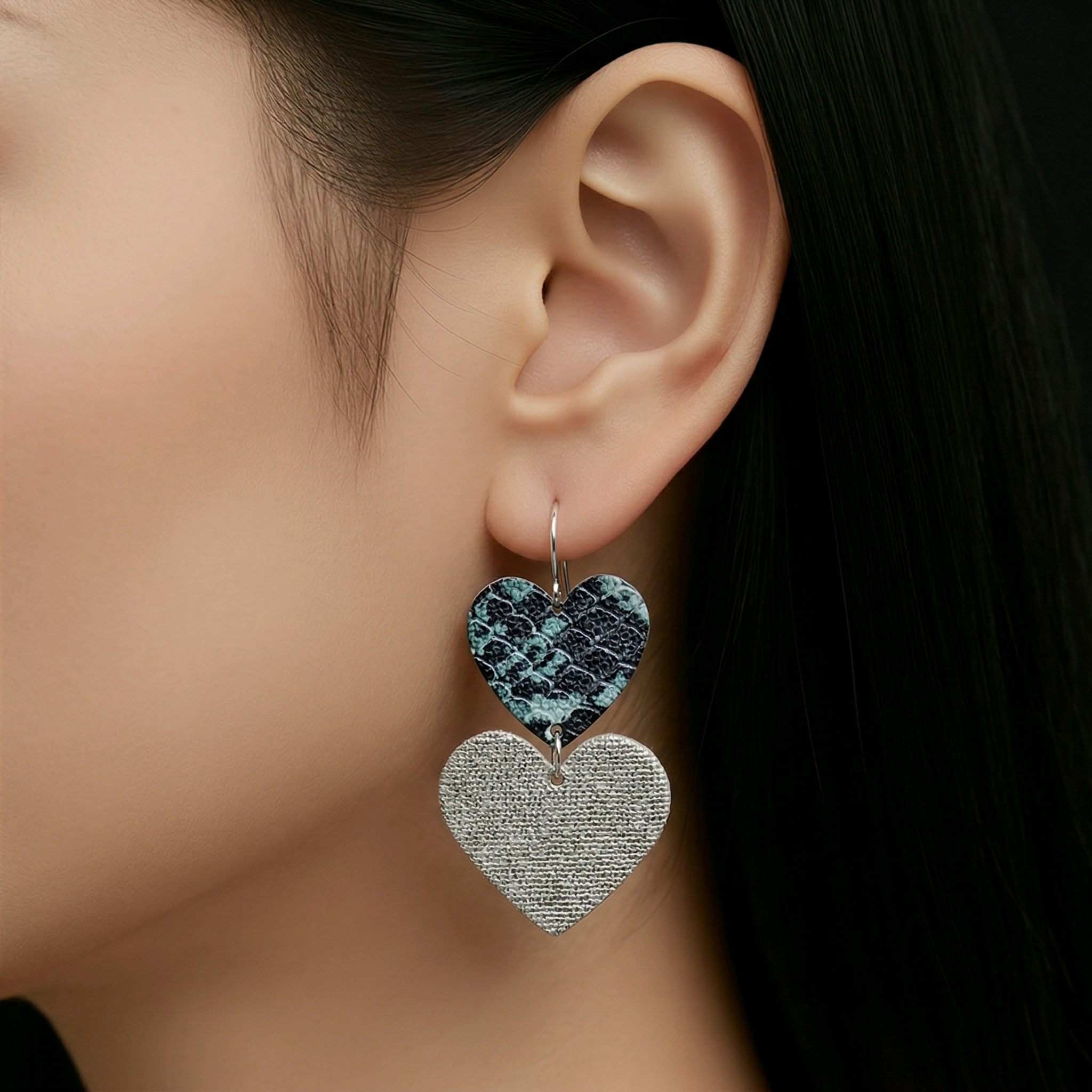 Boucles d'oreilles Valentina en cuir vert argent (1)