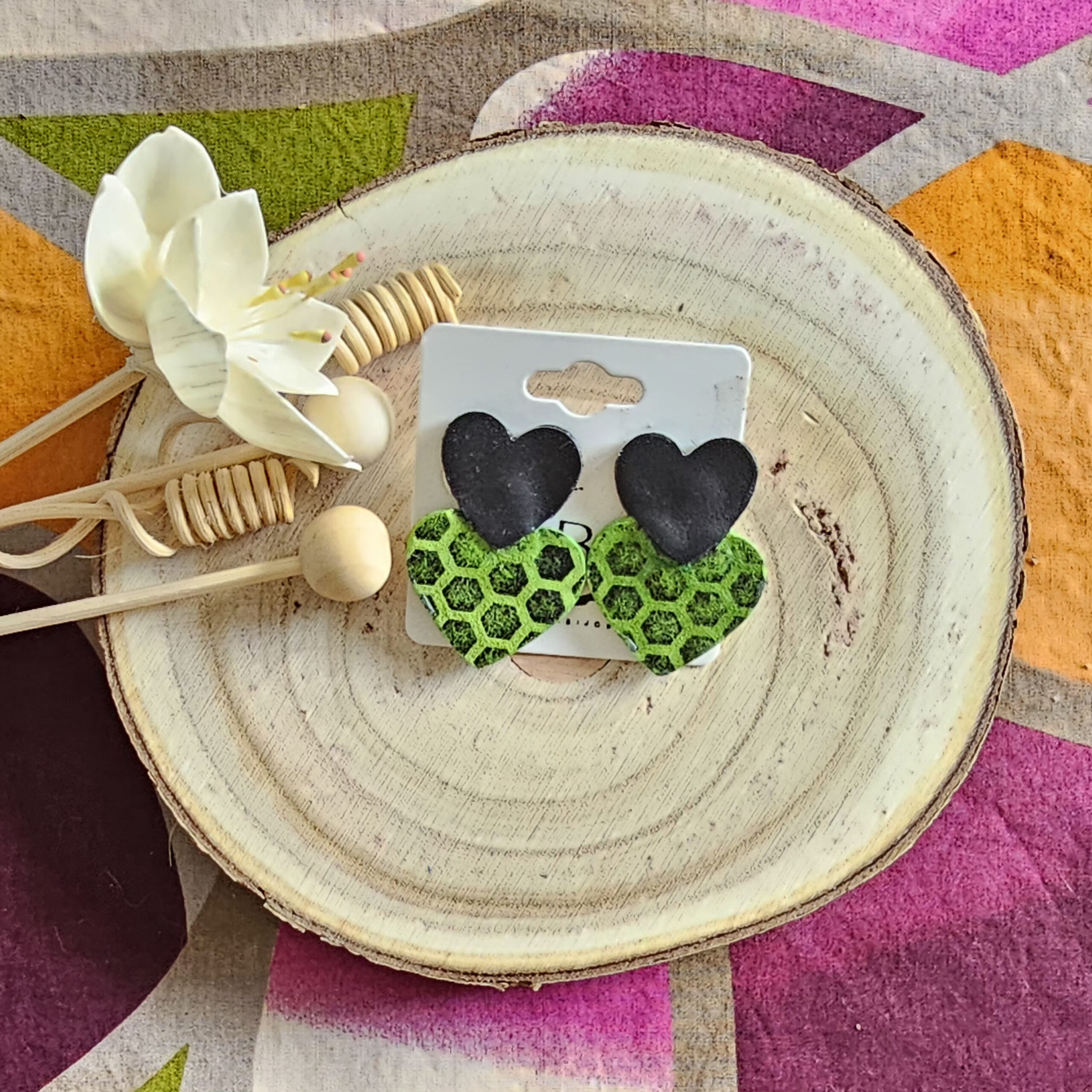 Boucles d'oreilles Venise en cuir vert noir (1)