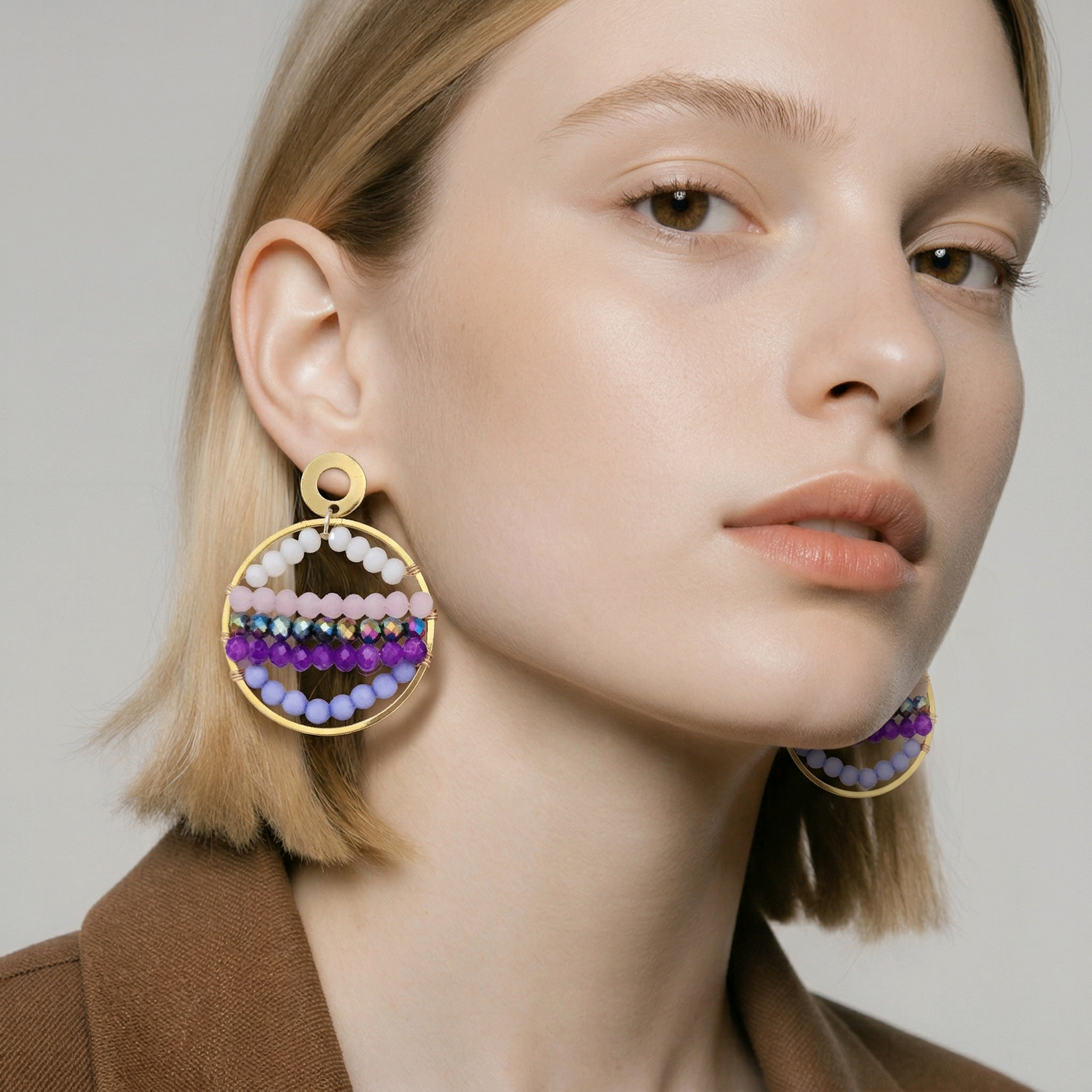 Boucles d'oreilles sunshine en perles de verre violet (1)