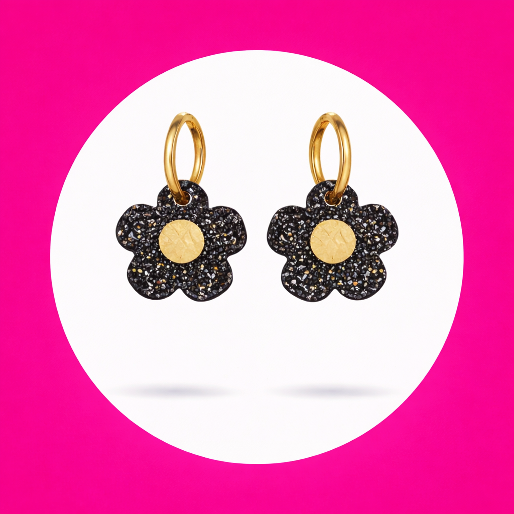Créoles Fleur en cuir noir doré (2)