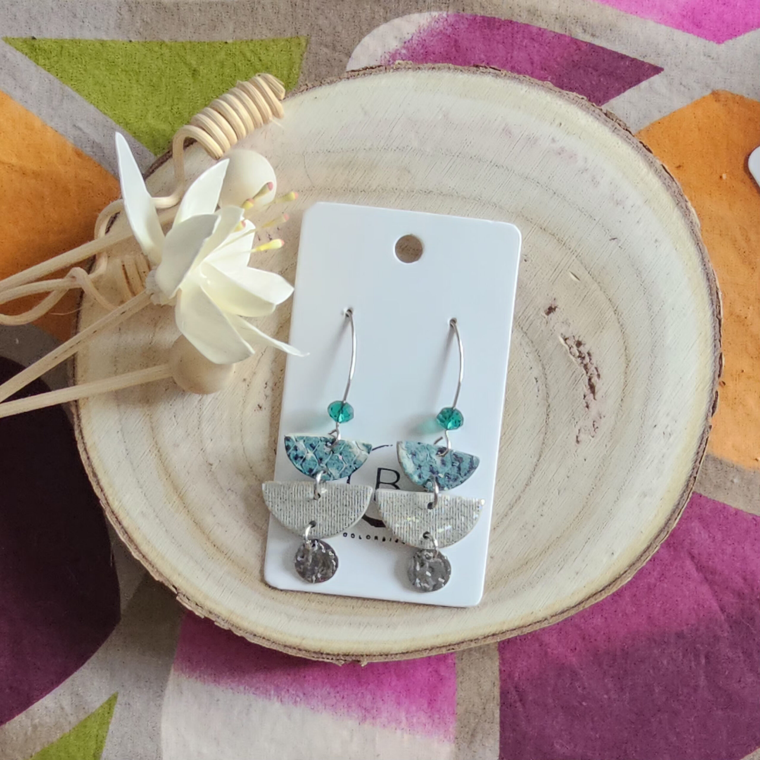 boucles d'oreilles Lola en cuir vert argent