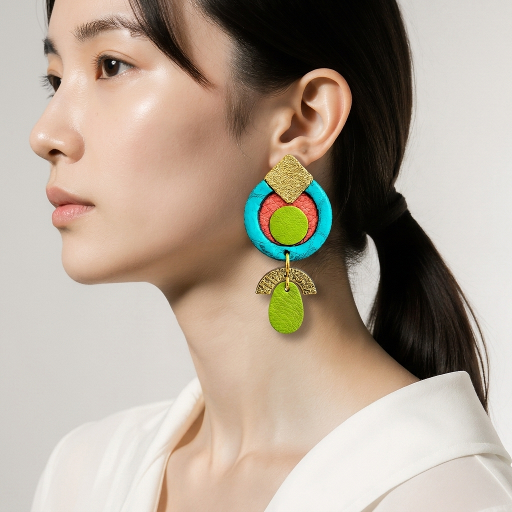 Boucles d'oreilles Moon en cuir turquise vert (1)